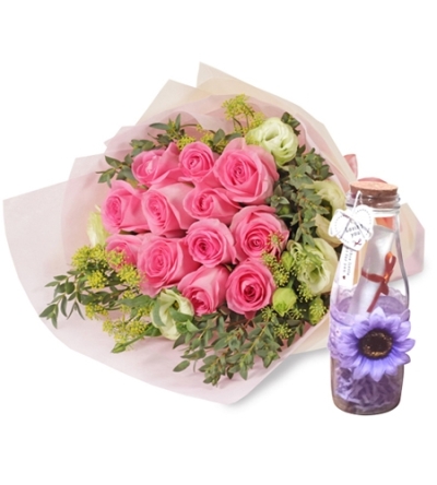 send 18 pink and white roses with bottle message to cebu