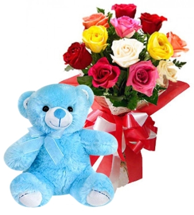 12 Multi Color Roses with 8" Inch Bear