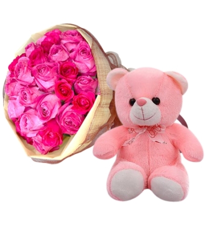 24 Pink Roses in Bouquet with Small Bear