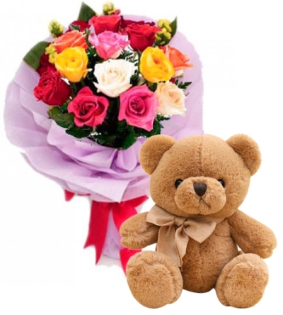 12 Mixed Roses with 8" Brown Bear